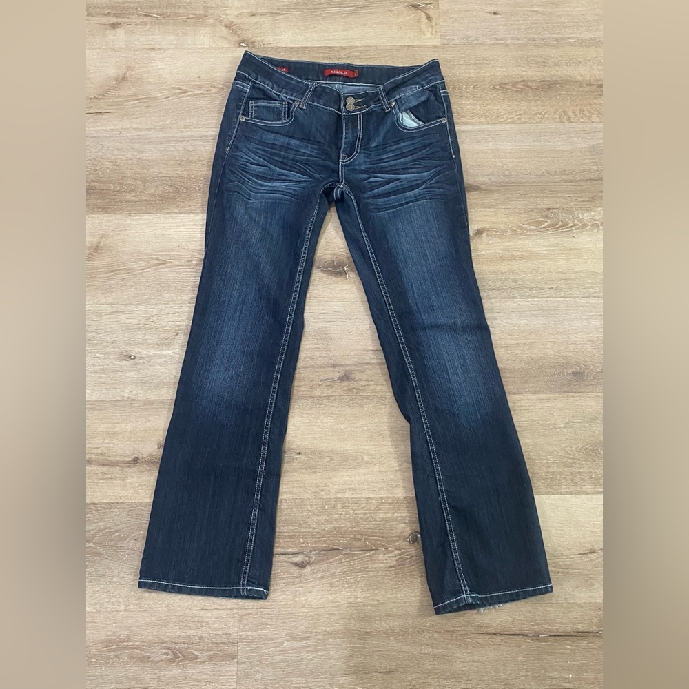 VIGOLD WOMENS BOOT CUT JEANS SIZE 9 ‘V' STITCHED/STUDDED POCKETS DARK WASH